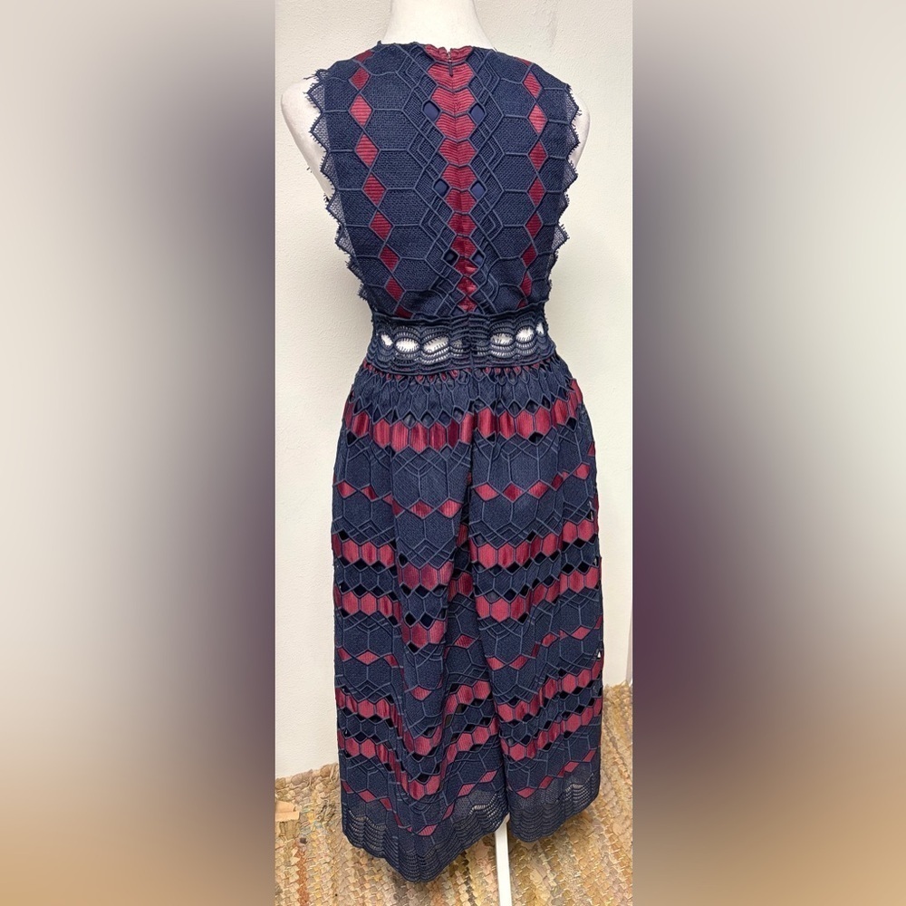 Revolve X by NBD Kristina Navy Blue & Burgundy Crochet Lace Midi Dress NWT
Sz S - Picture 3 of 5